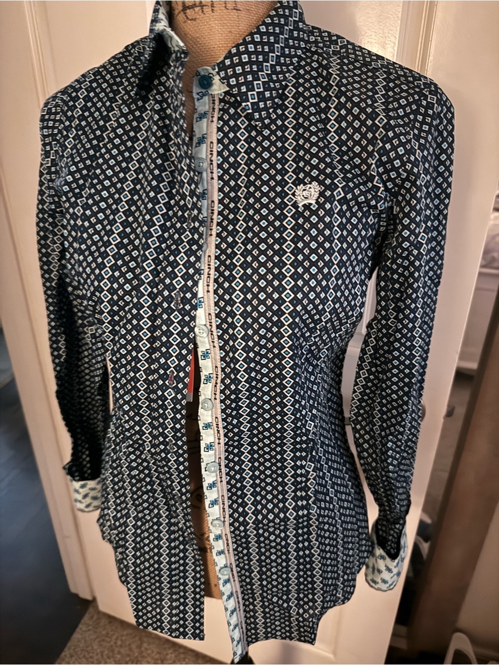 Cinch Navy Geometric-Print Long Sleeve Shirt Dress